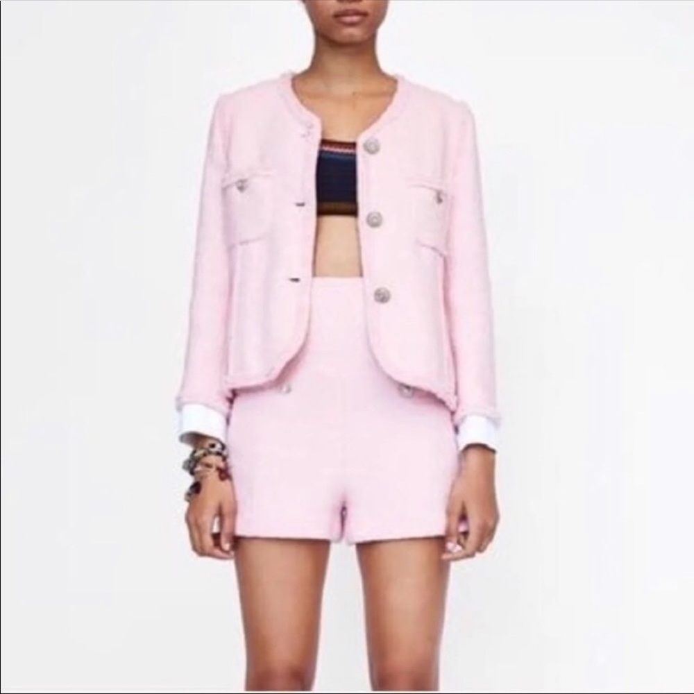 ISO Zara pink tweed blazer jacket